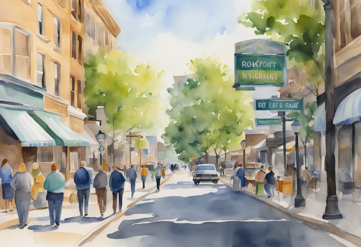 A bustling street in Rockford, IL with real estate signs and investors discussing financial insights