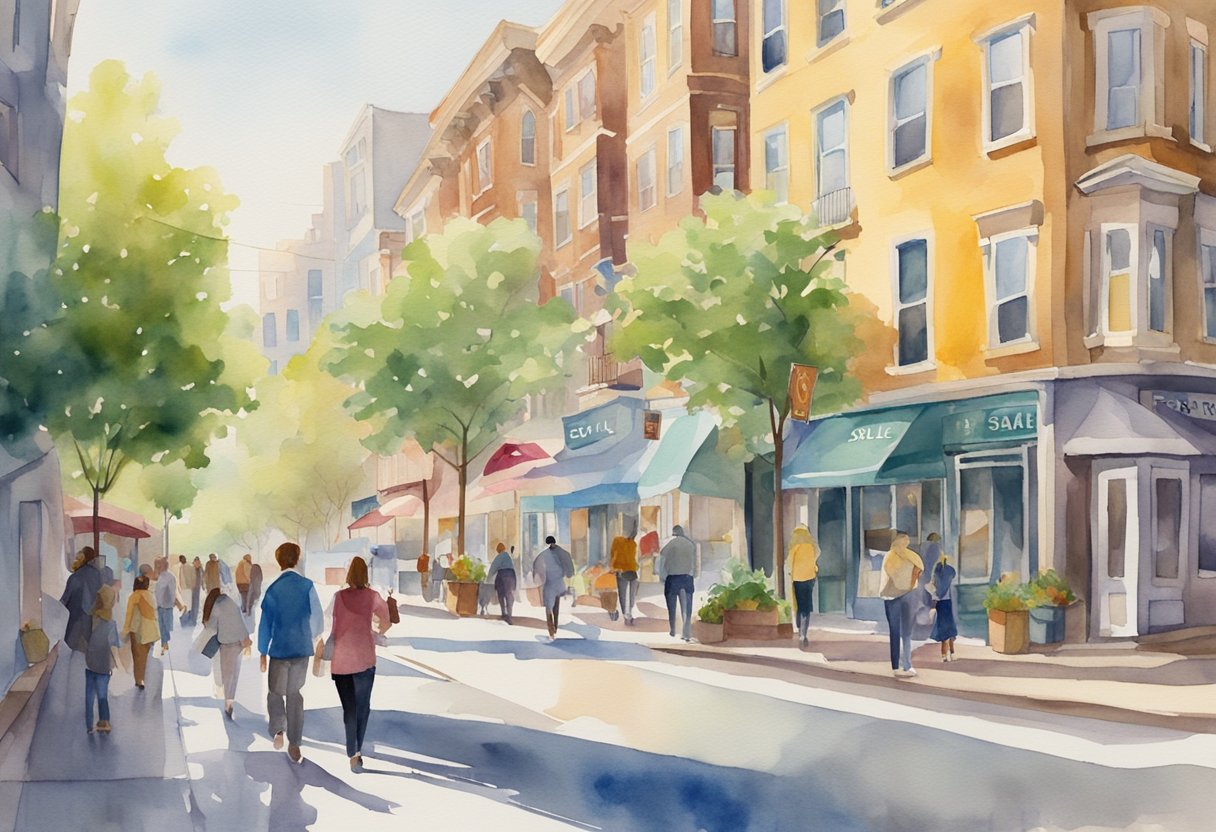 A bustling city street with "For Sale" signs on various buildings, a mix of residential and commercial properties. The sun shines down on the vibrant neighborhood, with people walking and chatting as they explore potential investment opportunities