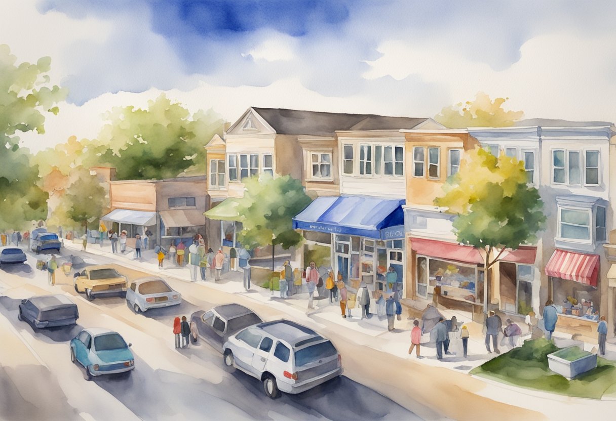 A bustling real estate market in Rockford, IL, with properties being bought and sold, investors strategizing, and profits being maximized