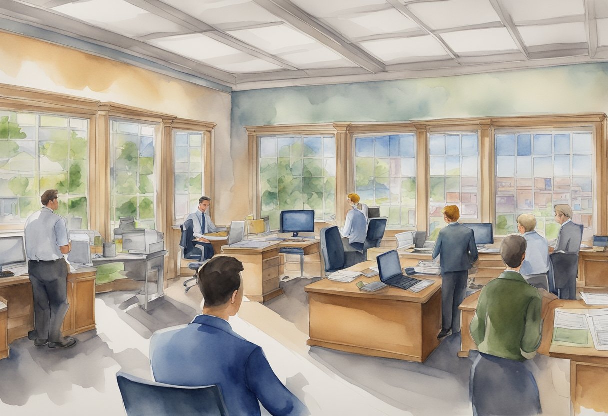 A bustling real estate office in Rockford, IL, with agents fielding questions from potential investors. Maps and property listings cover the walls, creating a sense of opportunity and excitement