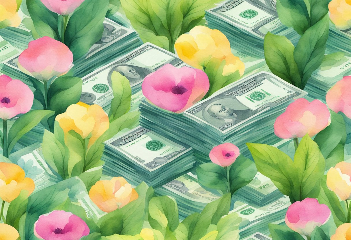 A stack of money growing in a vibrant, flourishing garden, symbolizing the passive income generated from a high-yield savings account integrated into a financial plan