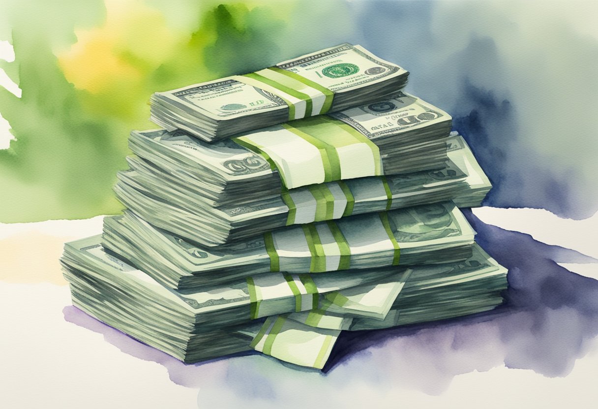 A stack of money grows from a savings account. The letters "FAQ" hover above, with "Passive Income" highlighted