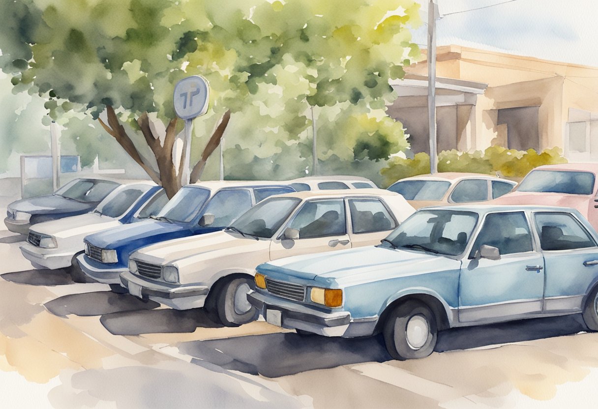 A car parked in a designated parking space with a sign indicating it is available for rent, surrounded by other parked cars