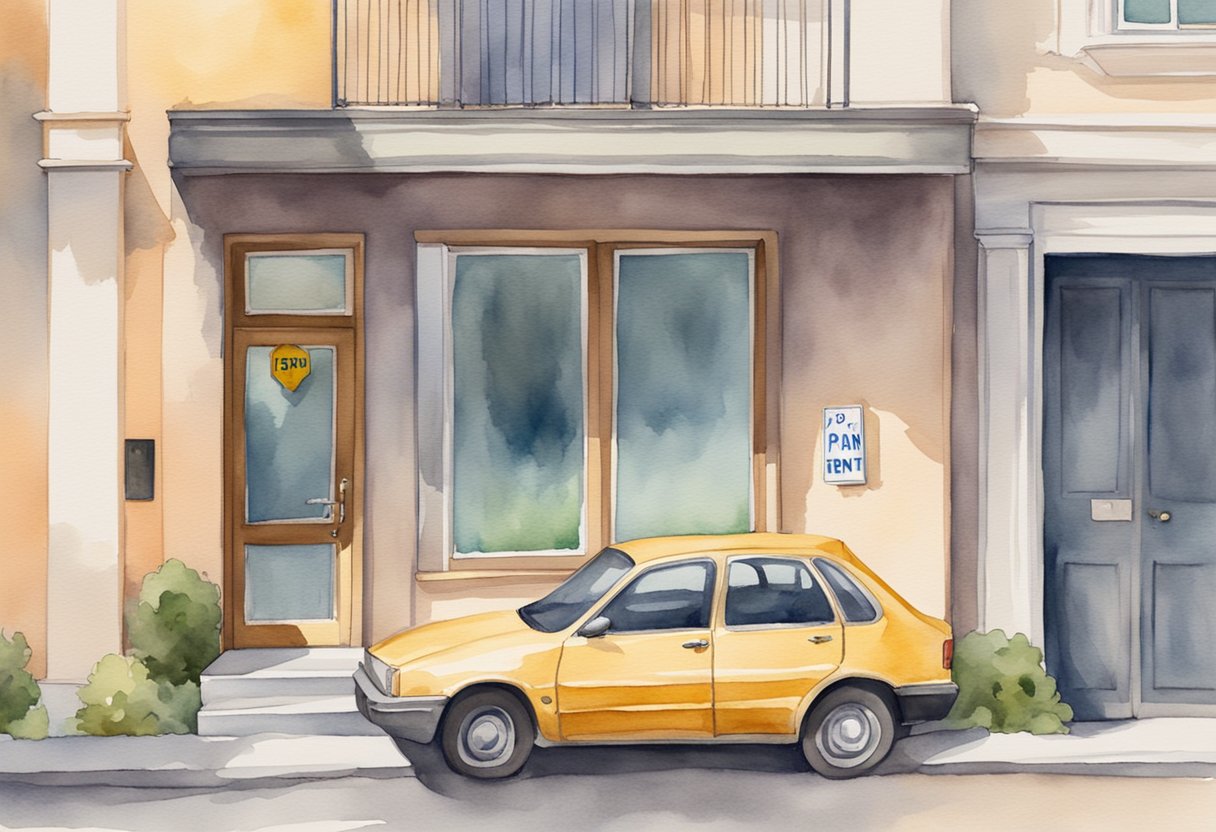A car parked in front of a residential building with a sign indicating "Parking Space for Rent" and a small payment box attached to a nearby wall