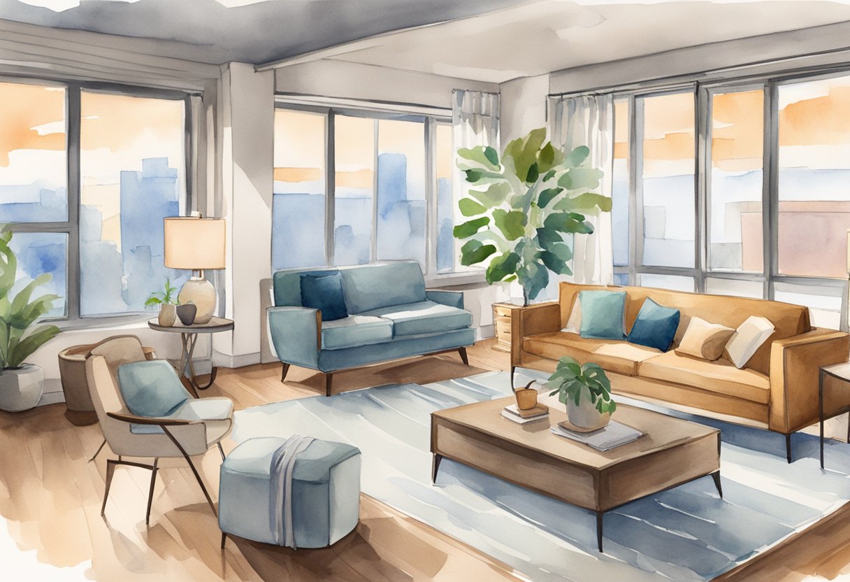 A spacious room with modern decor, large windows, and comfortable furnishings. A "For Rent" sign displayed prominently. Online marketing materials and social media ads visible on a computer screen