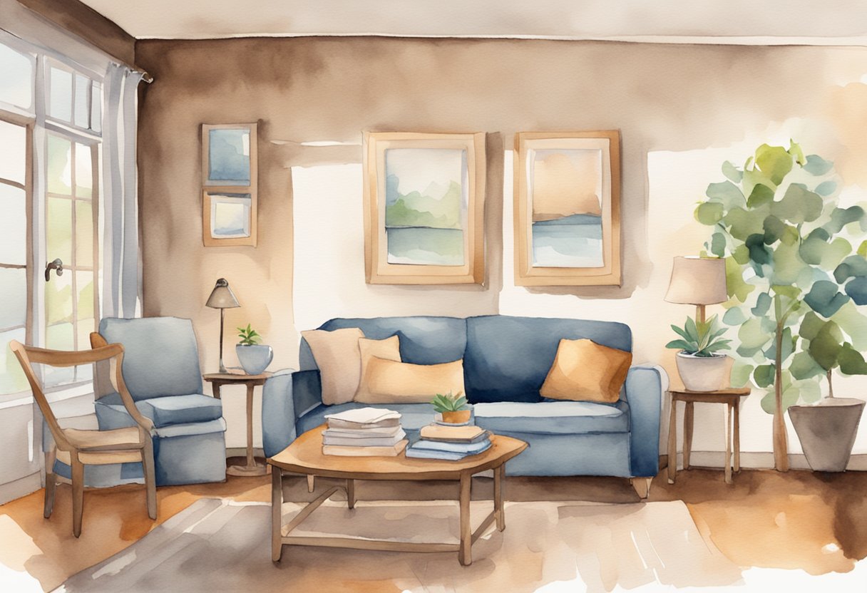 A cozy living room with a "For Rent" sign on the wall, a key hanging from a hook, and a stack of rental agreement forms on the coffee table