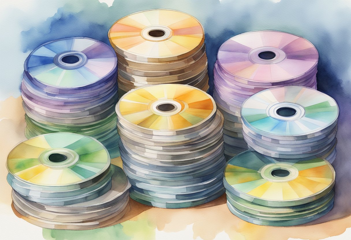 A stack of CDs sits next to a pile of other investment vehicles, such as stocks, bonds, and mutual funds. The CDs are labeled with their respective interest rates and maturity dates, while the other investments are represented by their symbols or logos
