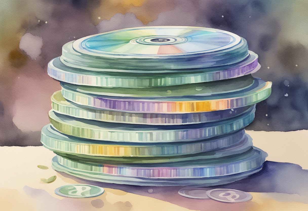 A stack of CDs with a "Frequently Asked Questions" label, surrounded by money symbols and growing piles of cash