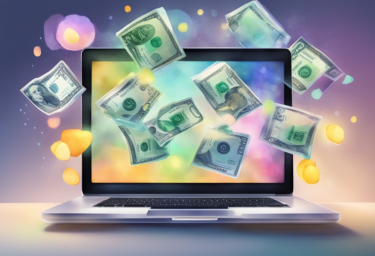A laptop displaying a portfolio of high-quality photographs with a glowing "sold" notification, while money symbols float around it