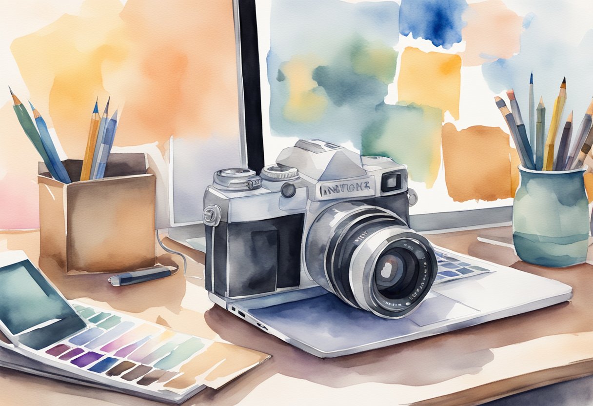 A photographer's camera and laptop sit on a desk surrounded by marketing materials and online sales graphs