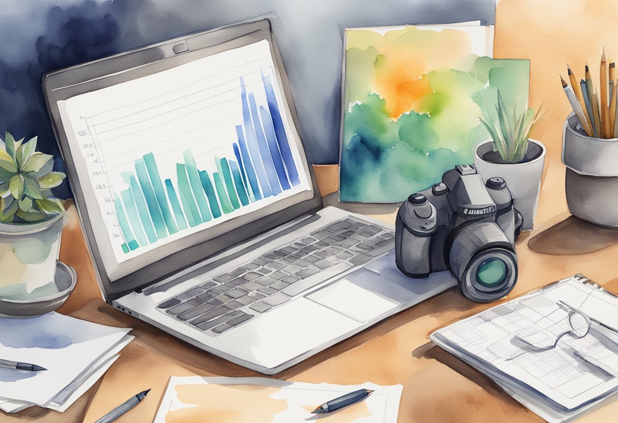 A laptop with a camera, a stack of printed photos, and a graph showing increasing revenue