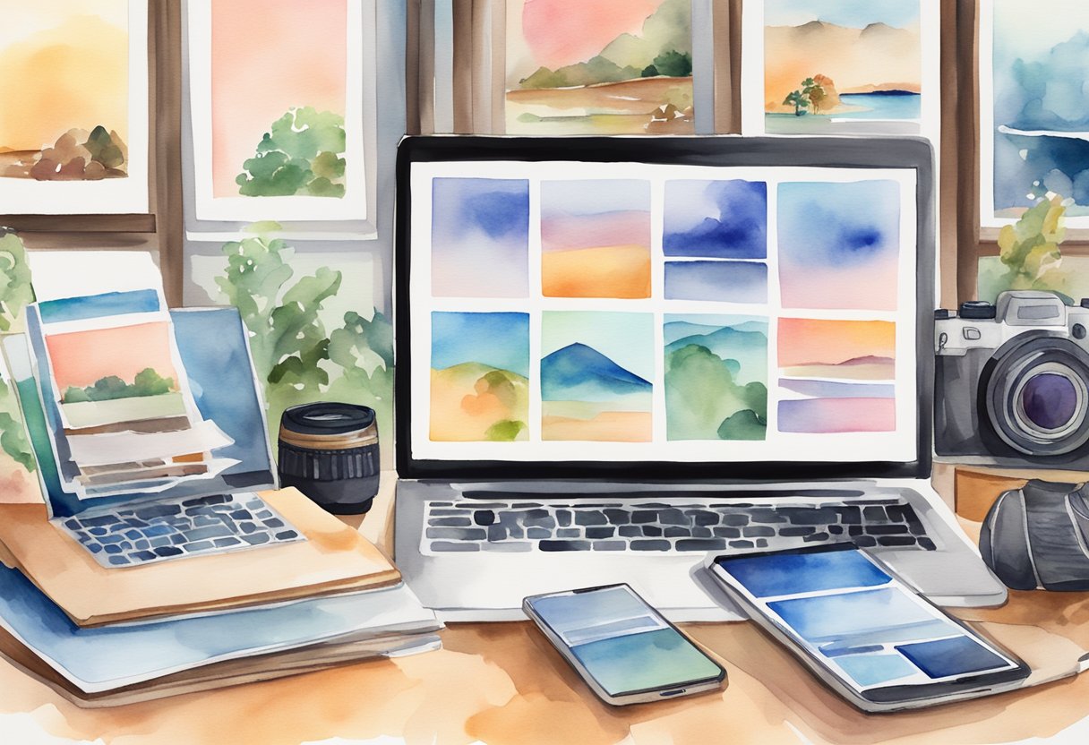 A computer with a camera and a stack of printed photos, a smartphone with photo editing apps, and a laptop with online selling platforms open on the screen