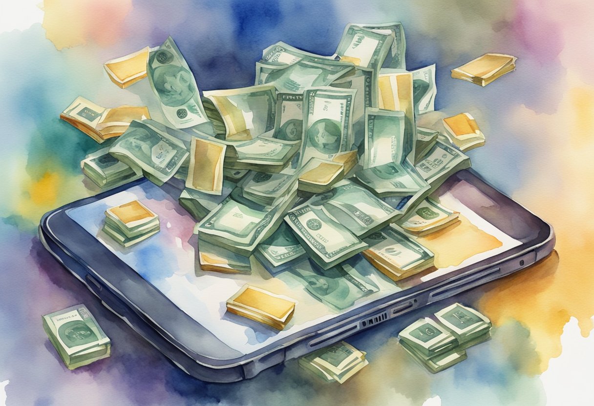 A smartphone with money flowing into it from various sources