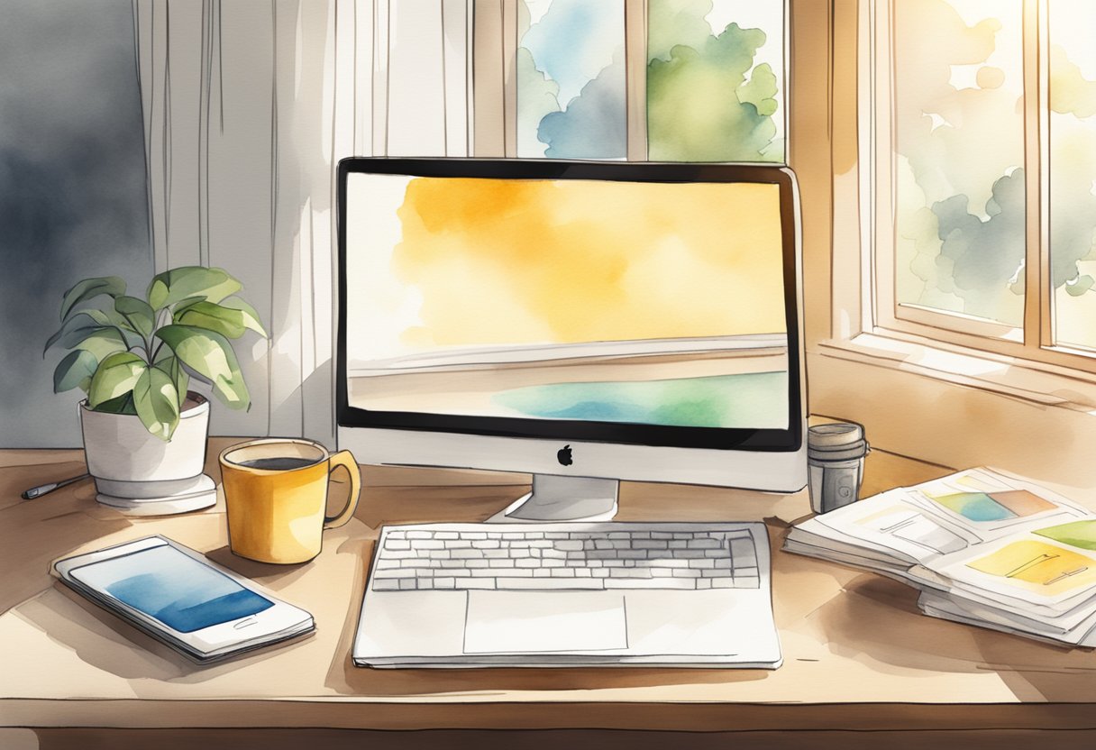 A desk with a computer, notebook, and coffee mug. A flowchart and sketches of app screens on the wall. Sunlight streaming through the window