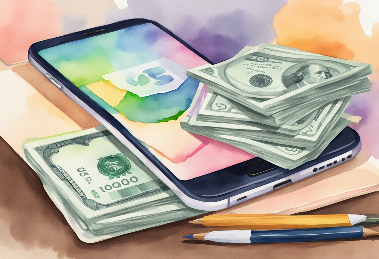 A smartphone with a progress bar showing "Updating" while a stack of money grows next to it, symbolizing passive income from app creation