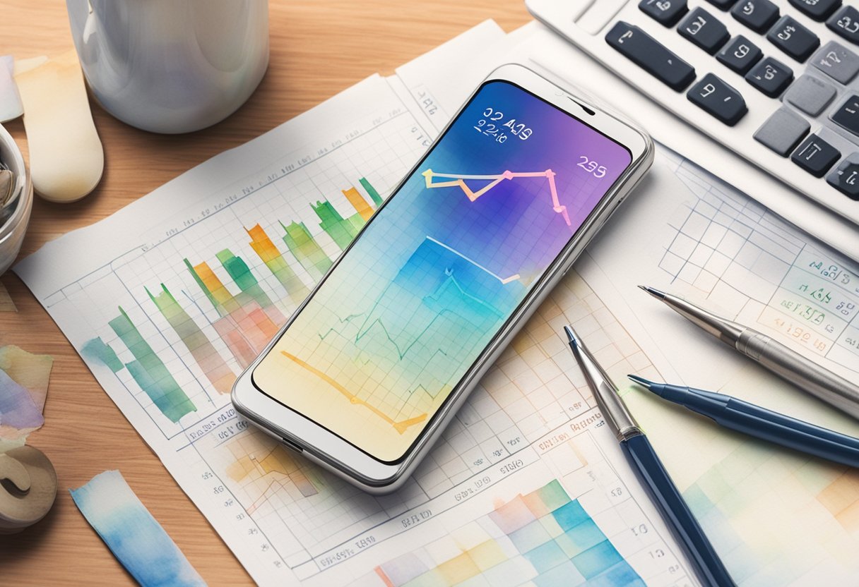 A smartphone displaying a graph of increasing income, with a stack of money and a calendar in the background