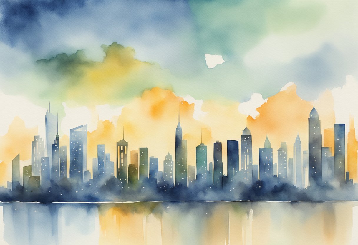 A city skyline with a graph showing steady income growth from a municipal bond fund