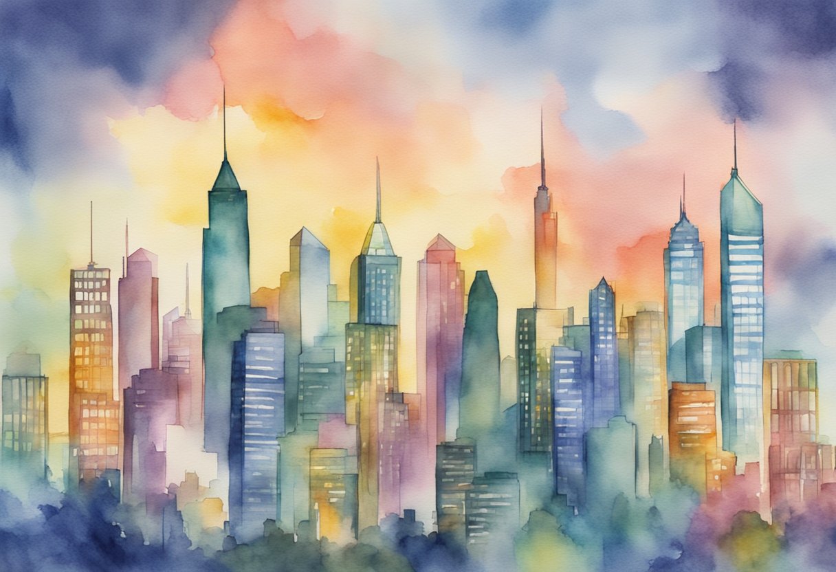 A bustling city skyline with a graph showing steady income growth from a municipal bond closed-end fund, outperforming other funds