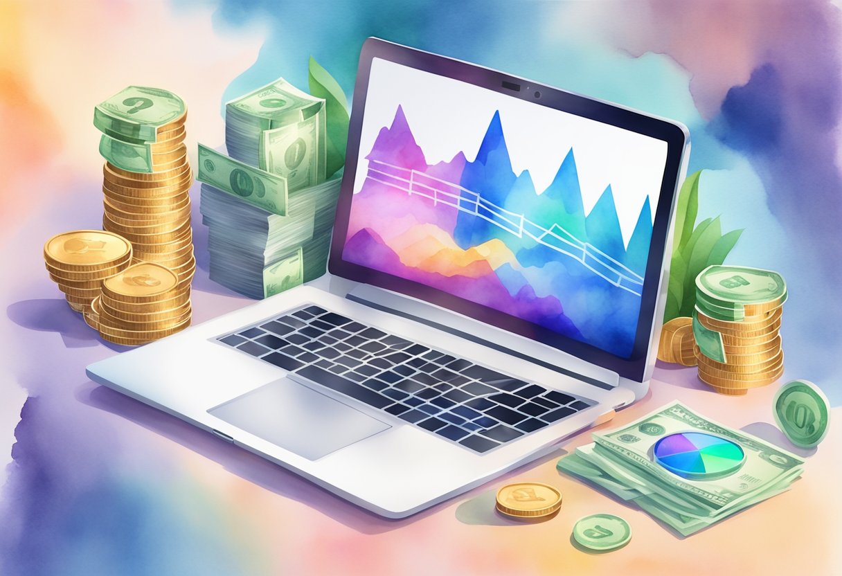A laptop displaying a graph of increasing sales, surrounded by digital product icons and a stack of money symbolizing passive income