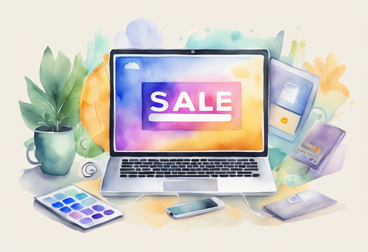 A laptop displaying digital products with a "sale" banner. A graph shows increasing passive income. Social media icons surround the laptop