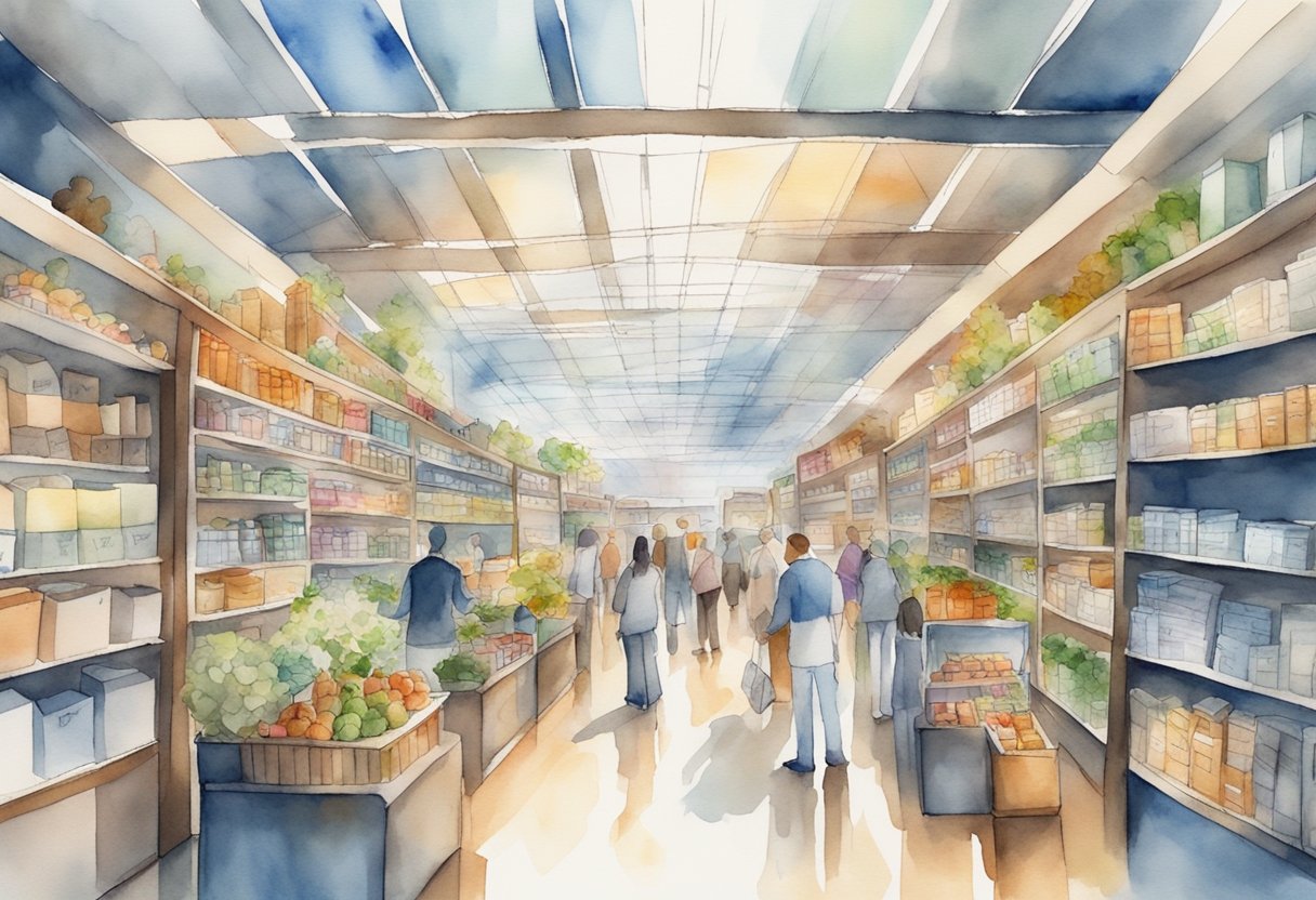 A bustling marketplace with digital products flying off virtual shelves, symbolizing the growth of passive income and the expansion of a business