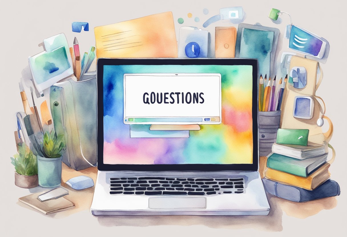A laptop surrounded by various digital products with a "Frequently Asked Questions" banner in the background