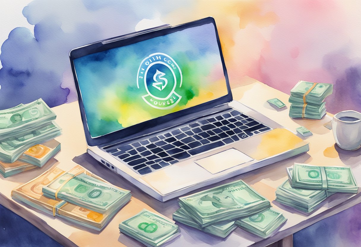 A laptop with an online course logo displayed, surrounded by money symbols and a passive income graph