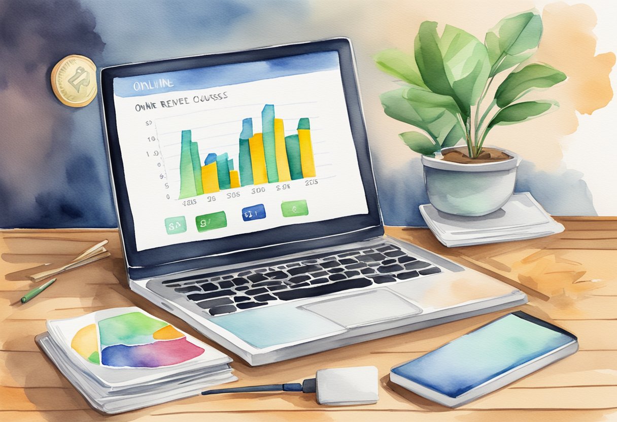 A laptop displaying a graph showing increasing revenue from online courses, with a stack of money symbolizing passive income
