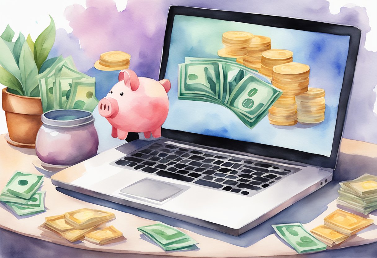 A laptop displaying an online course platform with money flowing into a piggy bank, symbolizing passive income from teaching