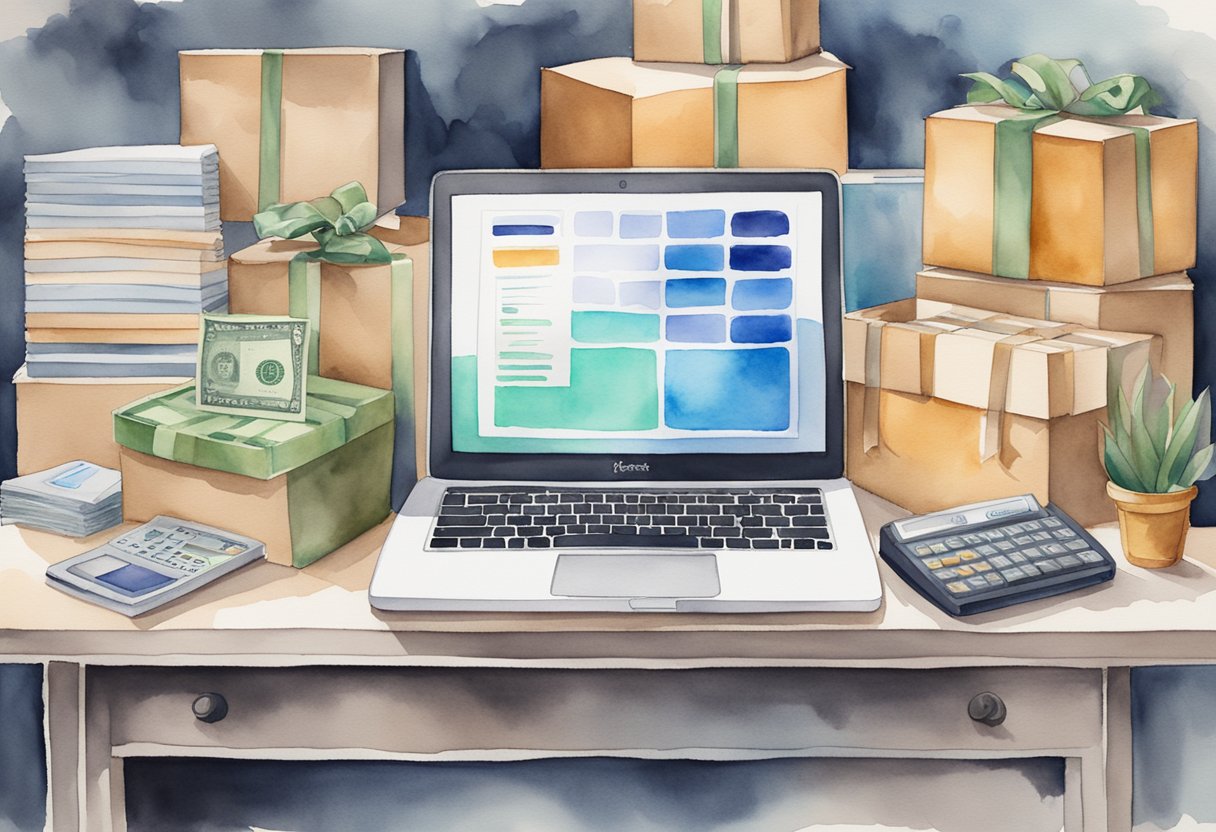 A laptop displaying a print-on-demand store homepage, surrounded by shipping boxes and a cash register