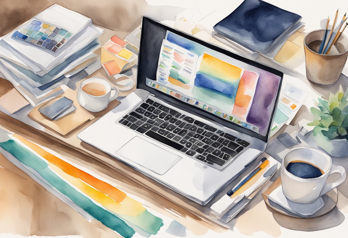A laptop sits on a desk, surrounded by sketches and colorful swatches. A stack of printed t-shirts and mugs are displayed nearby, with a "sold" sticker on one