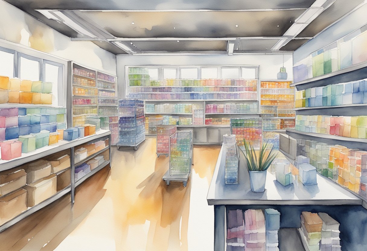 A bustling print-on-demand store with a seamless operation, efficient processes, and a steady flow of profits