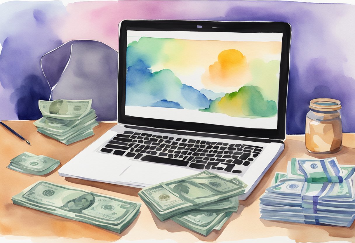 A laptop sits open on a desk, with a stack of money beside it, representing passive income from creating a course