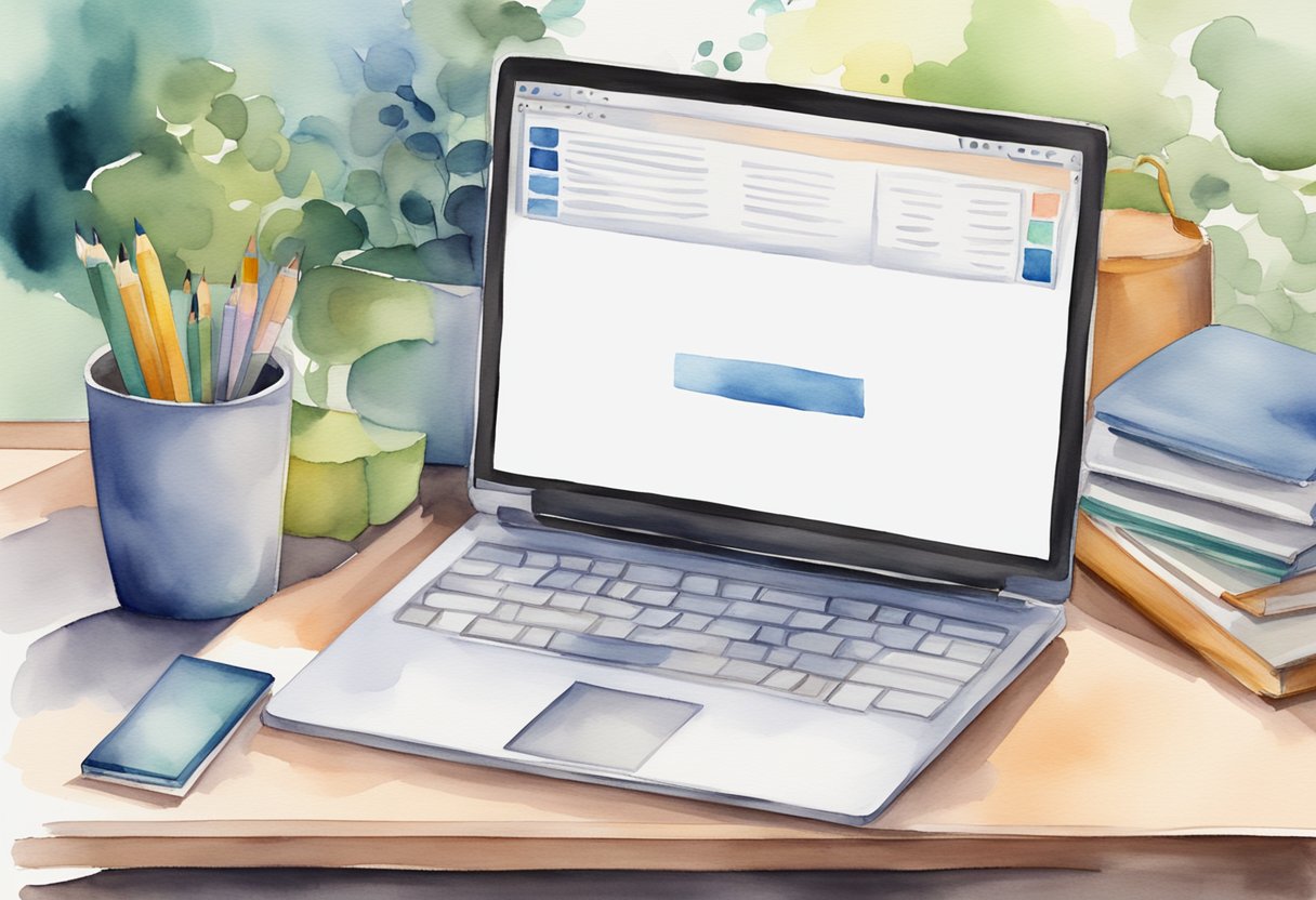 A laptop with a course creation software open, a stack of books on the side, and a notepad with brainstorming ideas
