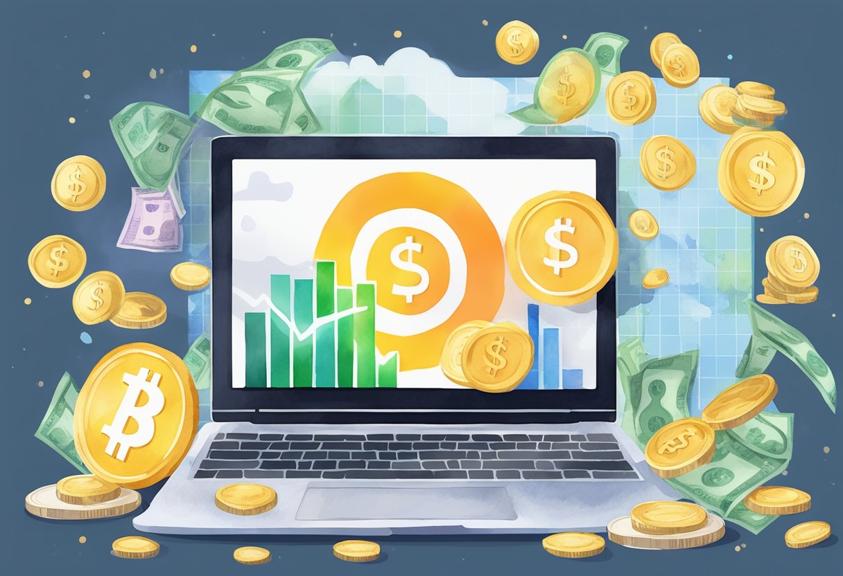 A laptop with a "Marketing Your Course" banner, surrounded by money symbols and a graph showing increasing passive income