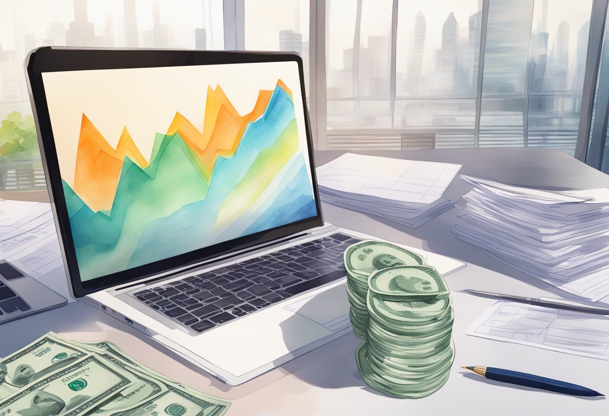 A stack of money sits on a desk next to a laptop and a contract. A graph showing increasing profits is displayed on the computer screen