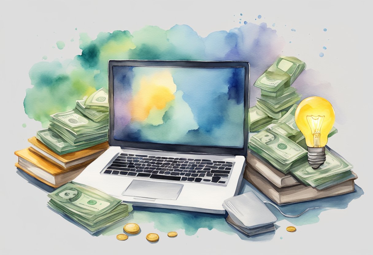 A laptop with money flowing out, surrounded by books and a lightbulb representing passive income from creating a course