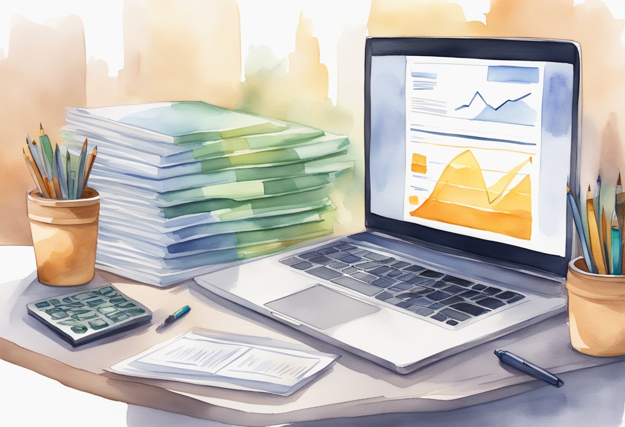 A laptop displaying a course creation platform with a list of frequently asked questions about passive income. A stack of money and a chart showing growth in earnings sit nearby