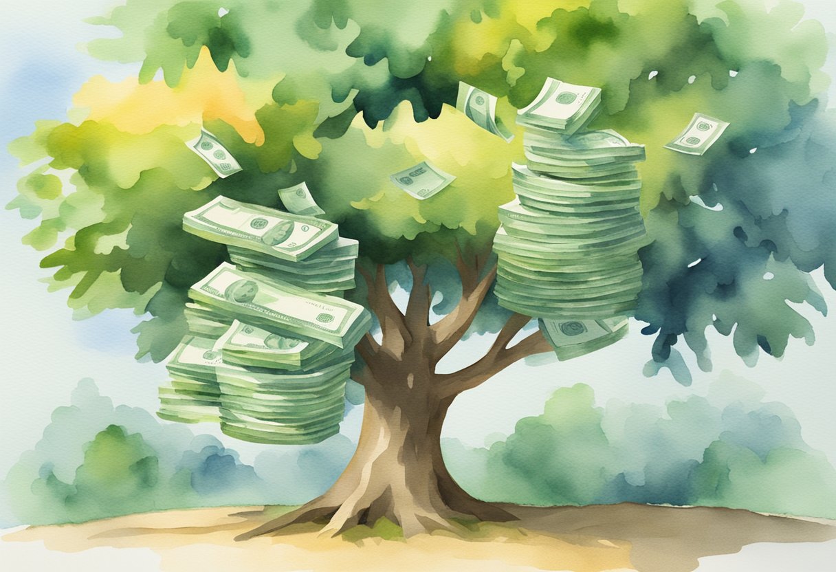 A stack of money grows steadily on a tree, symbolizing passive income from a high-yield CD or savings account