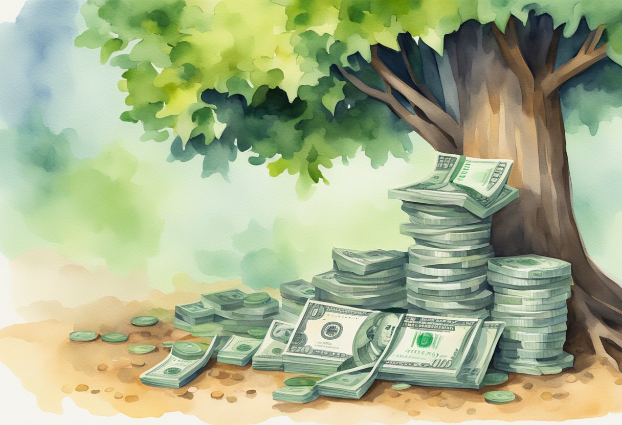 A stack of money growing from a tree, while a safe and a CD stand in the background, symbolizing passive income from diversified investments