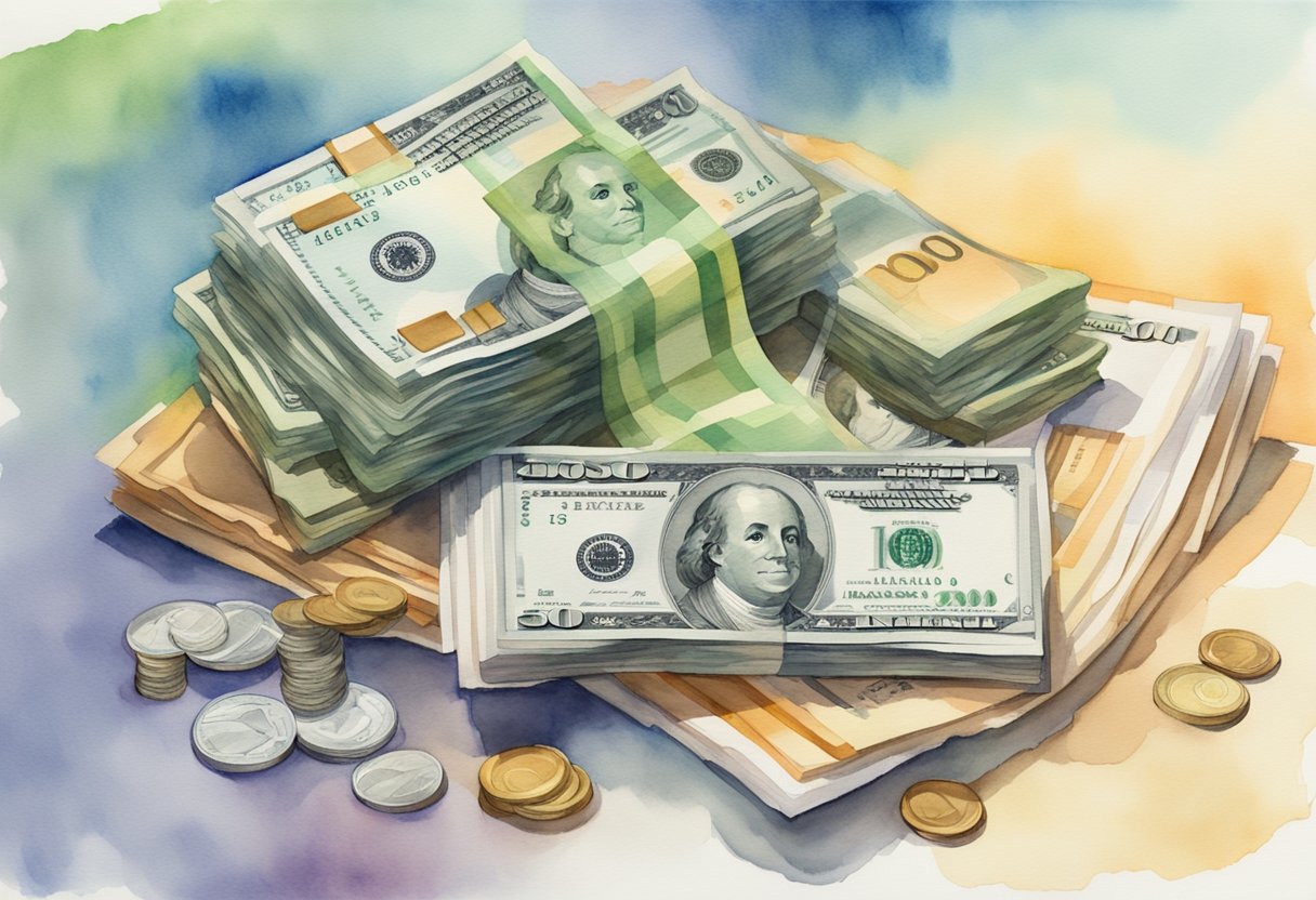 A stack of money grows from a CD or savings account, with a tax form and legal documents nearby