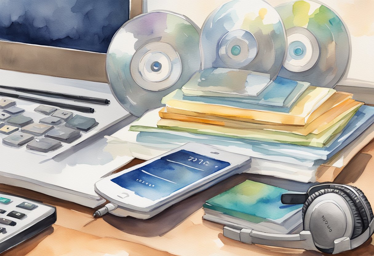 A stack of audiobook CDs sits beside a laptop and microphone, with a royalty check and a calendar showing recurring payment dates