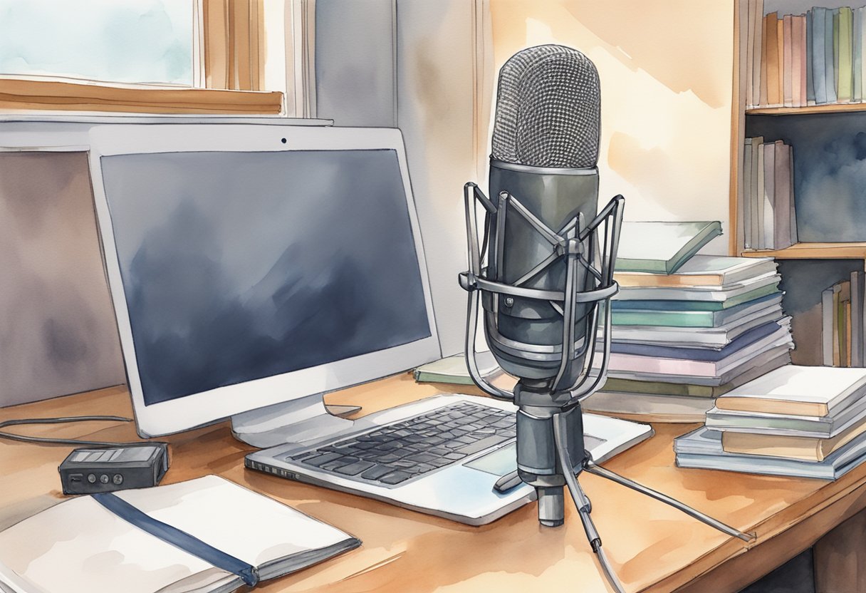 A microphone stands on a desk, surrounded by soundproofing panels. A laptop displays a recording software interface, with a stack of books nearby