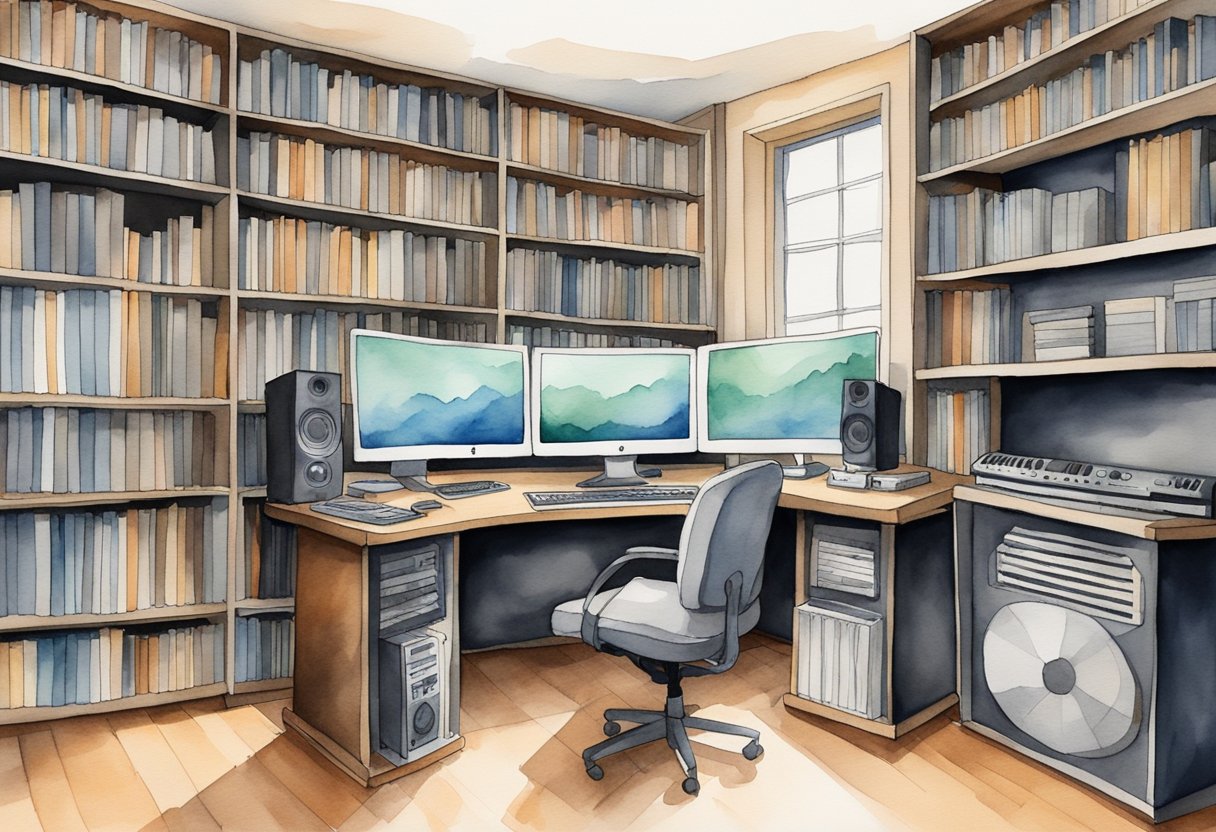 A recording studio with a microphone and soundproof walls, surrounded by shelves of audiobooks. A computer screen displays a graph of passive income earnings