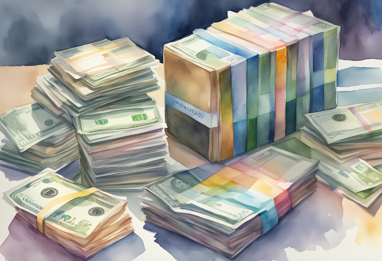 A stack of audiobook recordings with a "Frequently Asked Questions" label, surrounded by royalty checks and a growing pile of money