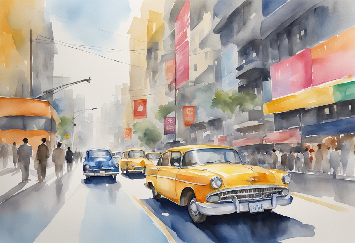 A car with colorful advertisements driving through a busy city street