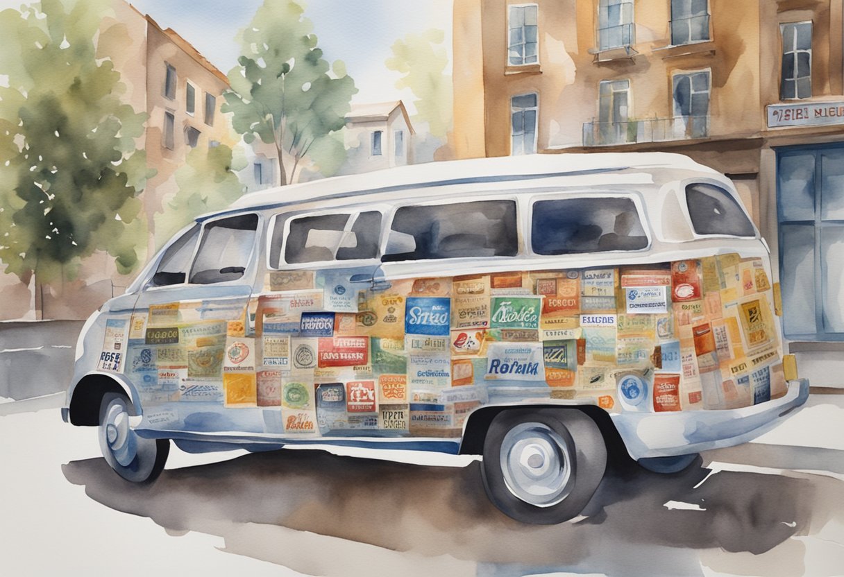 A car covered in various advertisements, with logos and slogans displayed prominently on the exterior