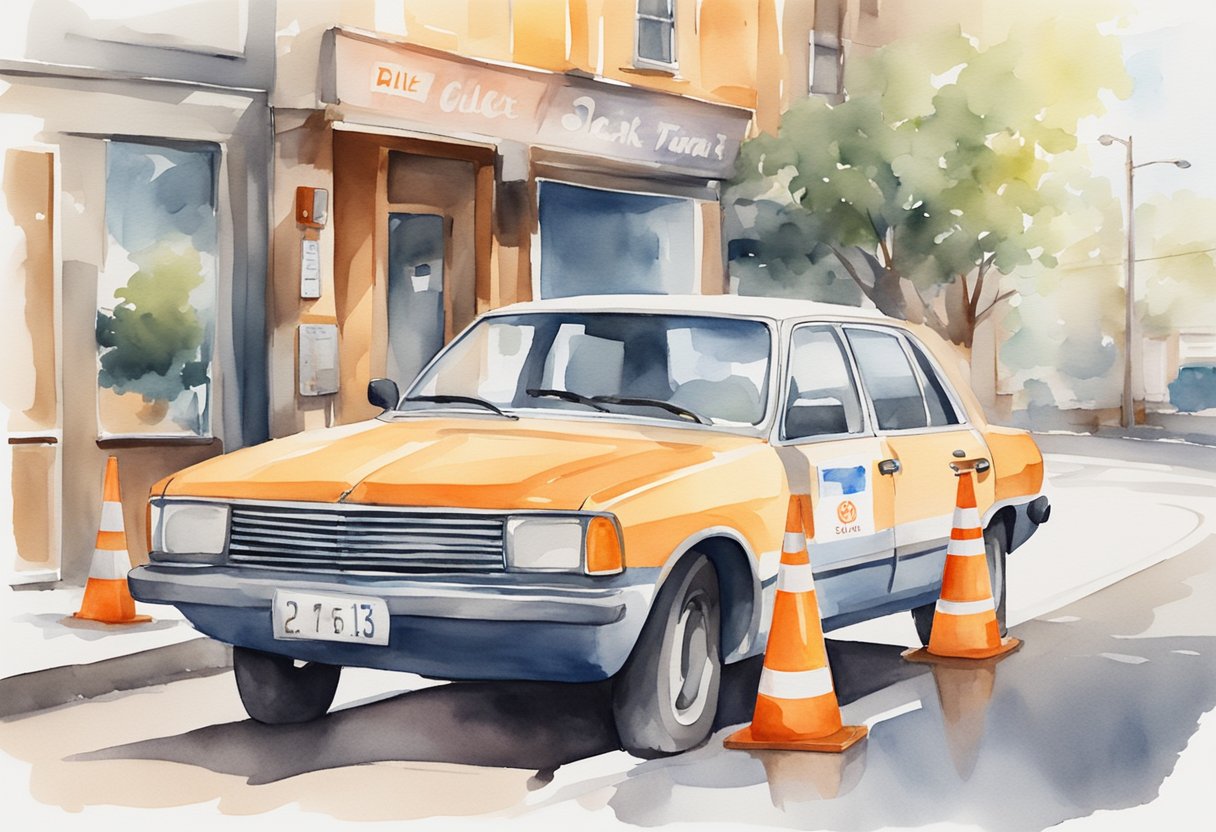 A car parked with advertising decals on the exterior. Safety cones and maintenance tools nearby. Passive income concept