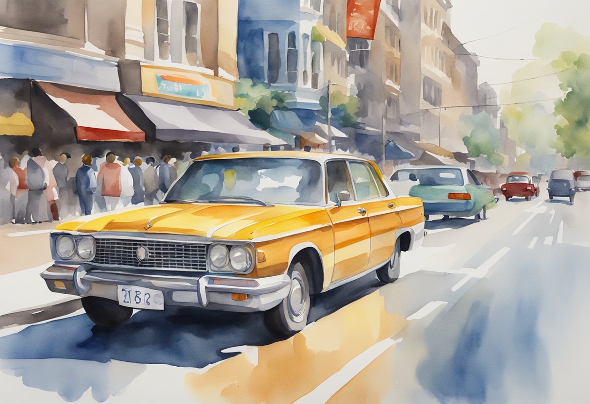 A car with colorful advertisements drives on a busy street, catching the attention of passersby and other drivers