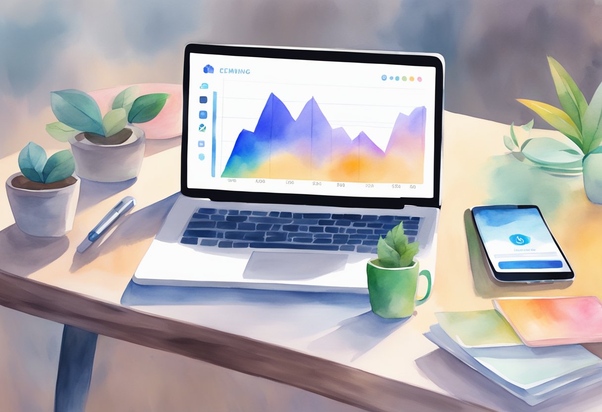 A laptop displaying earnings graph, while a digital course logo is prominent. A smartphone with notifications of new purchases. A serene, productive atmosphere
